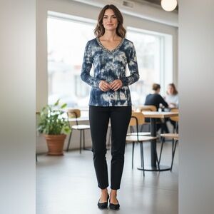 Apriori, Blue Tie-Dye Jewel Neckline Top, US 12 / Canada 14